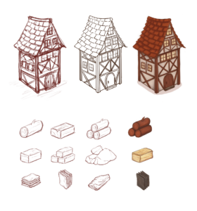 Examples for the art design steps from first drawings to final concept.