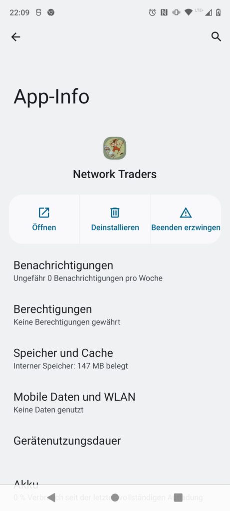 App-Info-Bildschirm für Network Traders